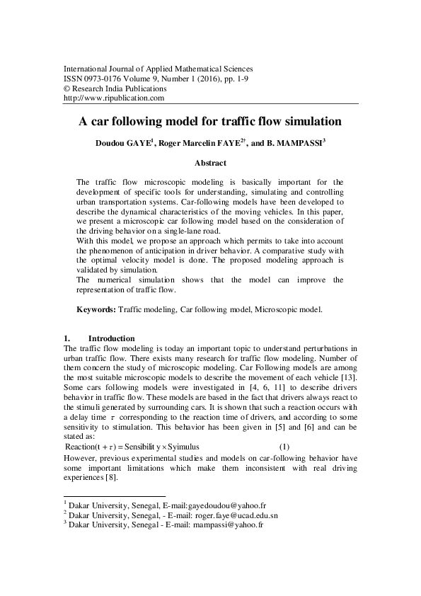 (PDF) A car following model for traffic flow simulation
