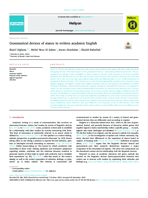 (PDF) Grammatical devices of stance in written academic English