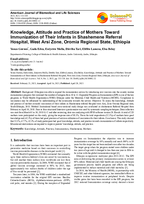 (PDF) Knowledge, Attitude and Practice of Mothers Toward Immunization ...