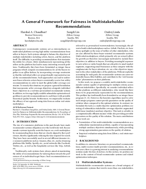 (PDF) A General Framework for Fairness in Multistakeholder Recommendations