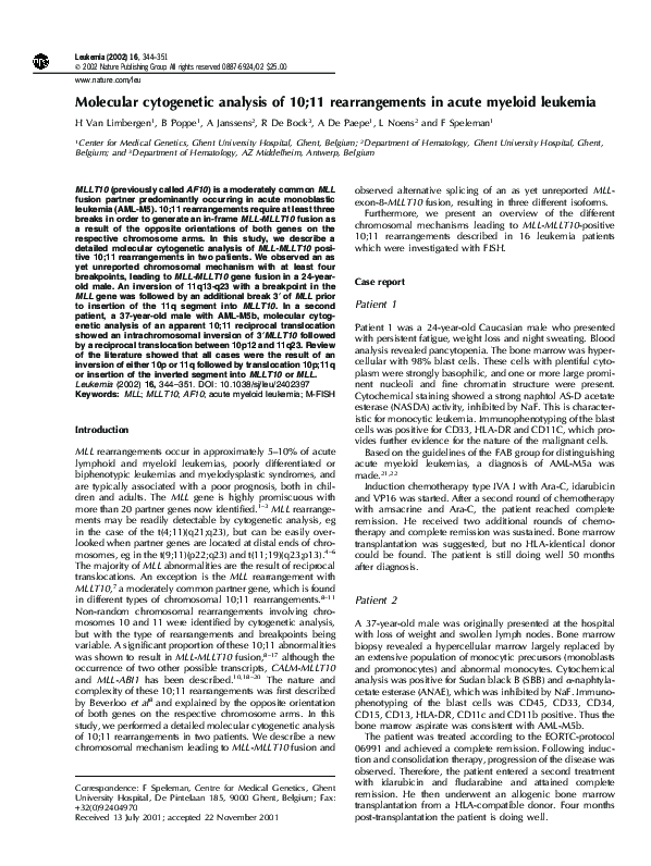 (PDF) Molecular cytogenetic analysis of 10;11 rearrangements in acute ...