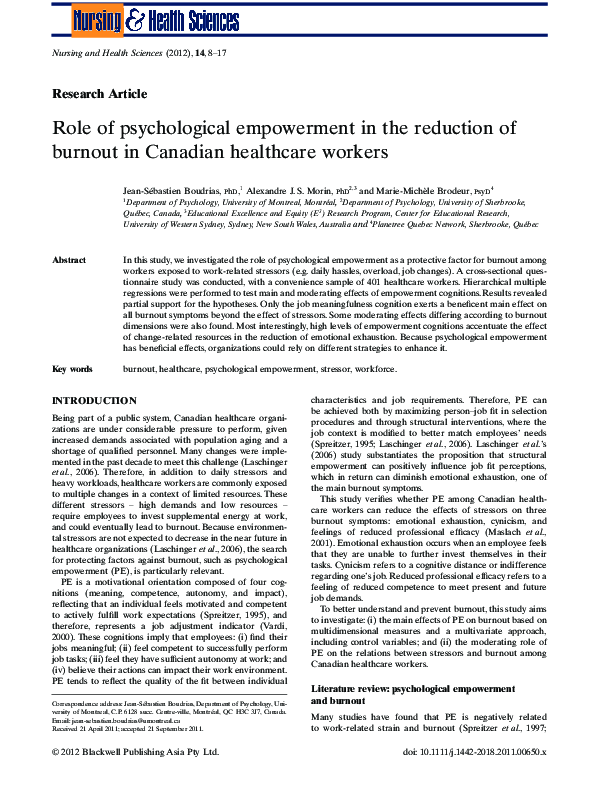 (PDF) Role of psychological empowerment in the reduction of burnout in ...