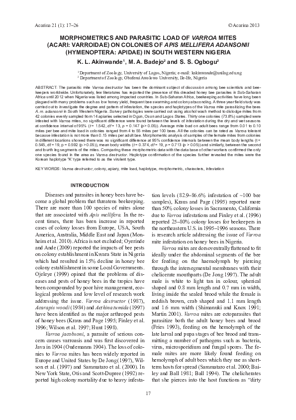 (PDF) Morphometrics and Parasitic Load of Varroa Mites (Acari ...