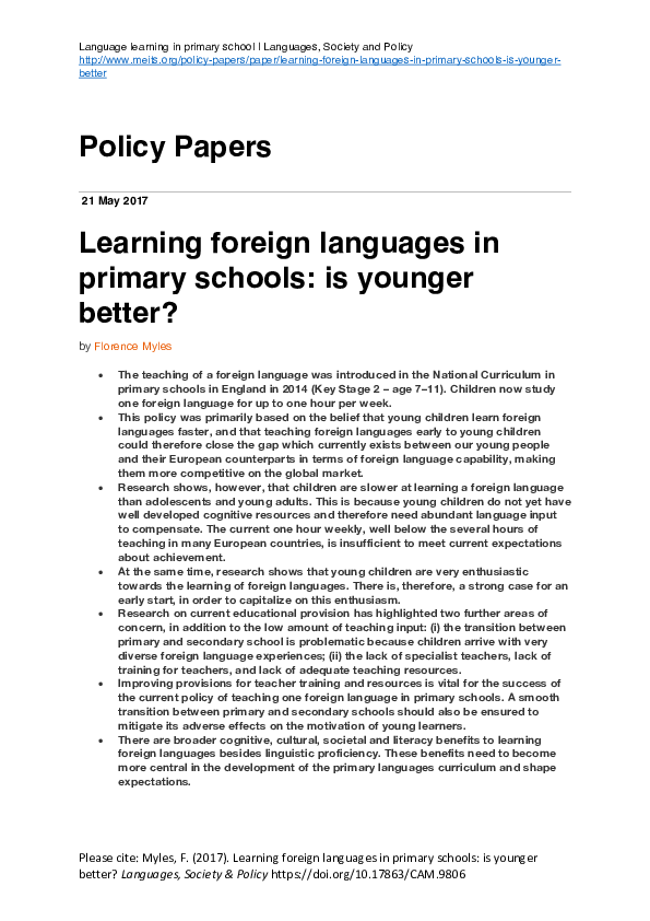 (PDF) Learning foreign languages in primary schools: is younger better?