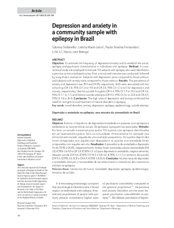 (PDF) Depression and anxiety in a community sample with epilepsy in Brazil