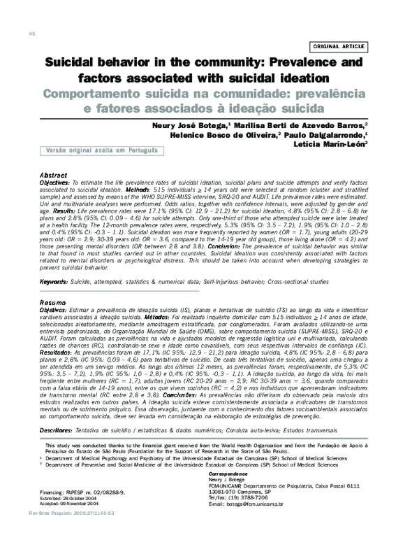 (PDF) Suicidal behavior in the community: prevalence and factors ...