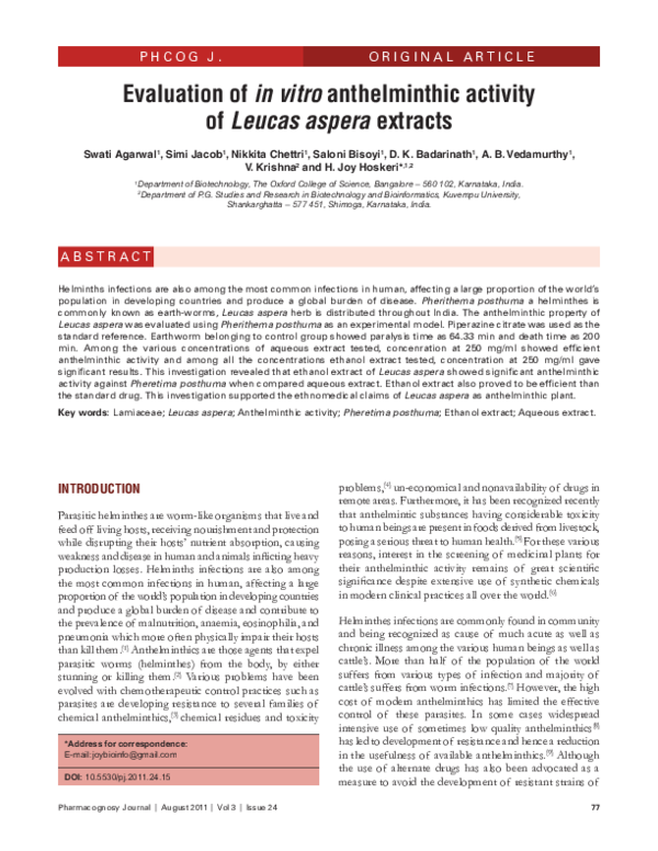 (PDF) Evaluation of in vitro anthelminthic activity of Leucas aspera ...
