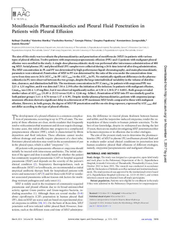 (PDF) Moxifloxacin Pharmacokinetics and Pleural Fluid Penetration in ...