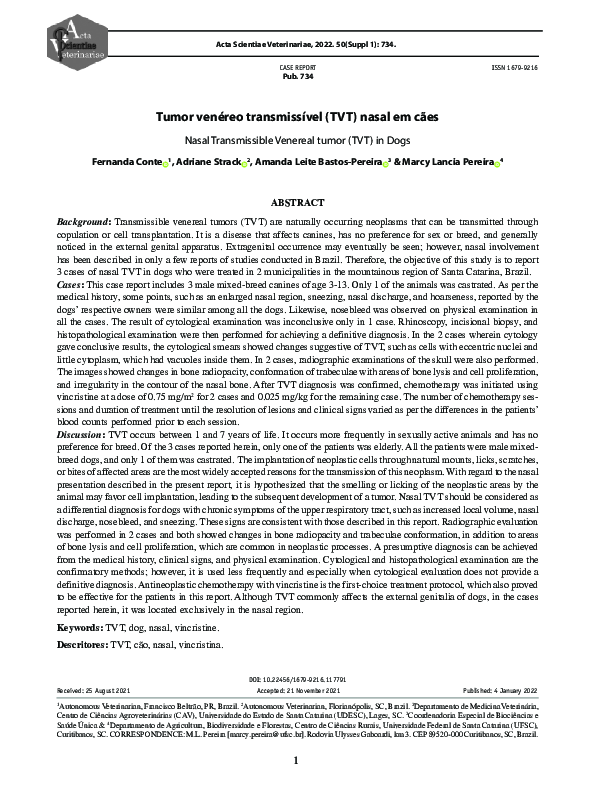 (PDF) Nasal Transmissible Venereal Tumor (TVT) in Dogs