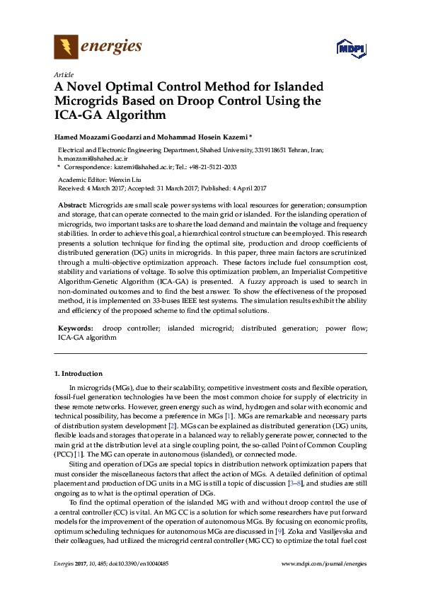 (PDF) A Novel Optimal Control Method for Islanded Microgrids Based on ...