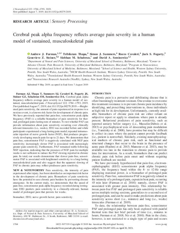 (PDF) Cerebral peak alpha frequency reflects average pain severity in a ...