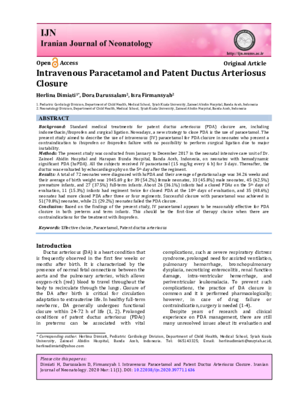 (PDF) Intravenous Paracetamol and Patent Ductus Arteriosus Closure