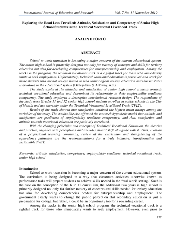 (PDF) Exploring the Road Less Travelled Attitude, Satisfaction and Competency of Senior High