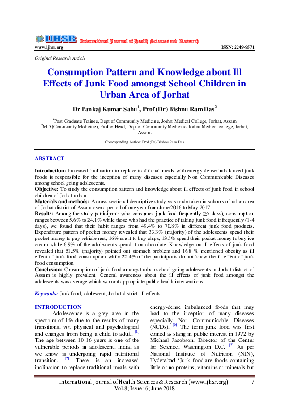 (PDF) Consumption Pattern and Knowledge about Ill Effects of Junk Food ...
