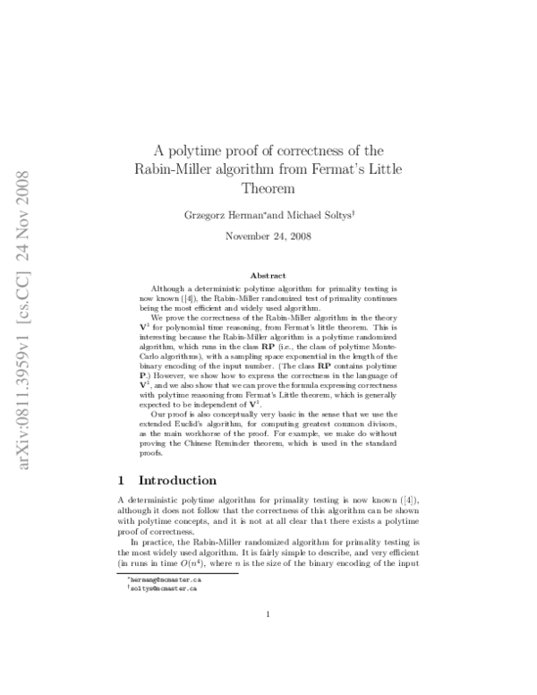 (PDF) A polytime proof of correctness of the Rabin-Miller algorithm ...