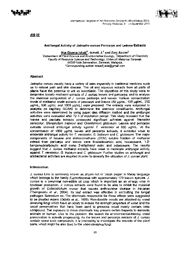 (PDF) Antifungal Activity of Jatropha curcas Pericarps and leaves Extracts
