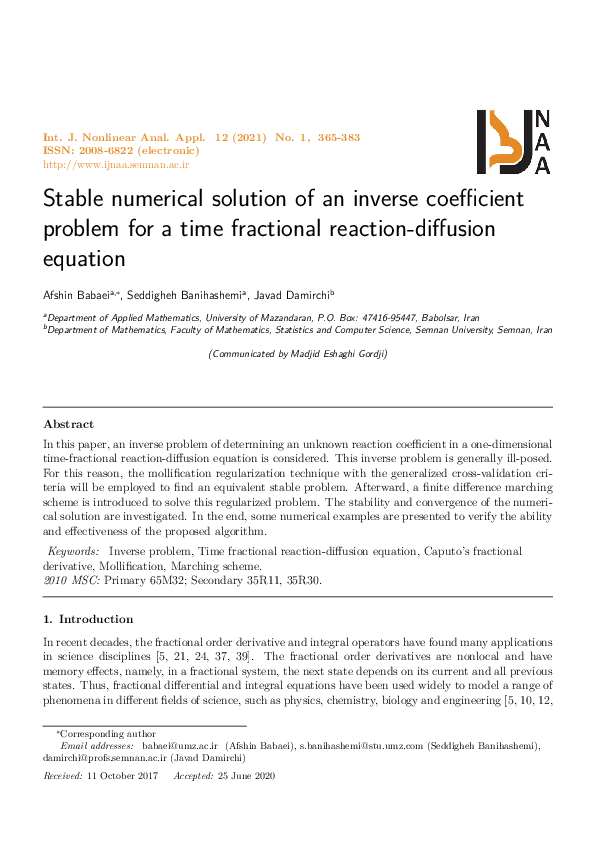 (PDF) Stable numerical solution of an inverse coefficient problem for a ...