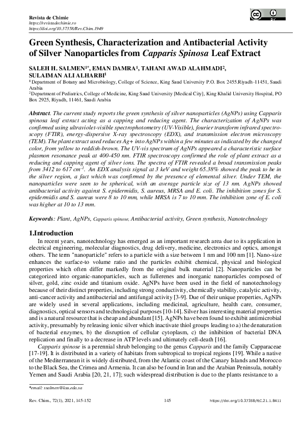 (PDF) Green Synthesis, Characterization and Antibacterial Activity of ...