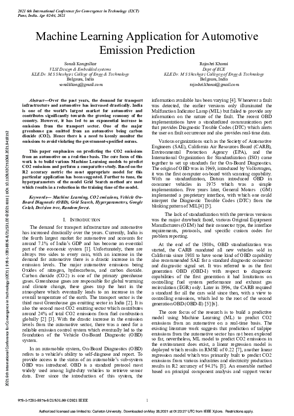 (PDF) Machine Learning Application for Automotive Emission Prediction