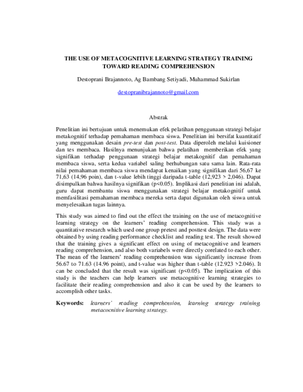 (PDF) The Use of Metacognitive Learning Strategy Training Toward ...