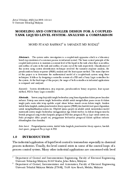 (PDF) Modeling and Controller Design for a Coupled-Tank Liquid Level ...