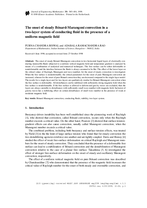 (PDF) The onset of steady Bénard-Marangoni convection in a two-layer ...