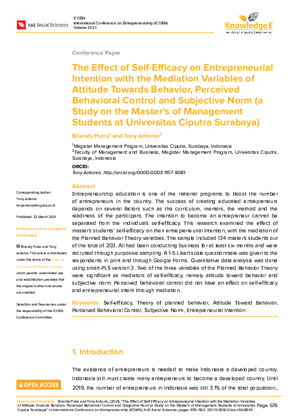 (PDF) The Effect of Self-Efficacy on Entrepreneurial Intention with the ...