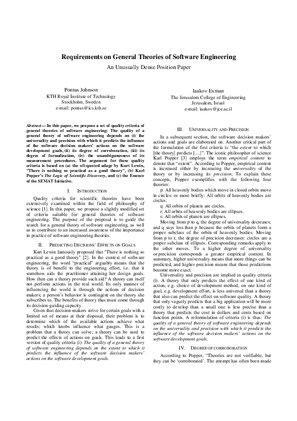 (PDF) Requirements on general theories of software engineering