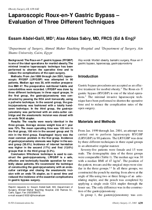 (PDF) Laparoscopic Roux-en-Y Gastric Bypass – Evaluation of Three ...