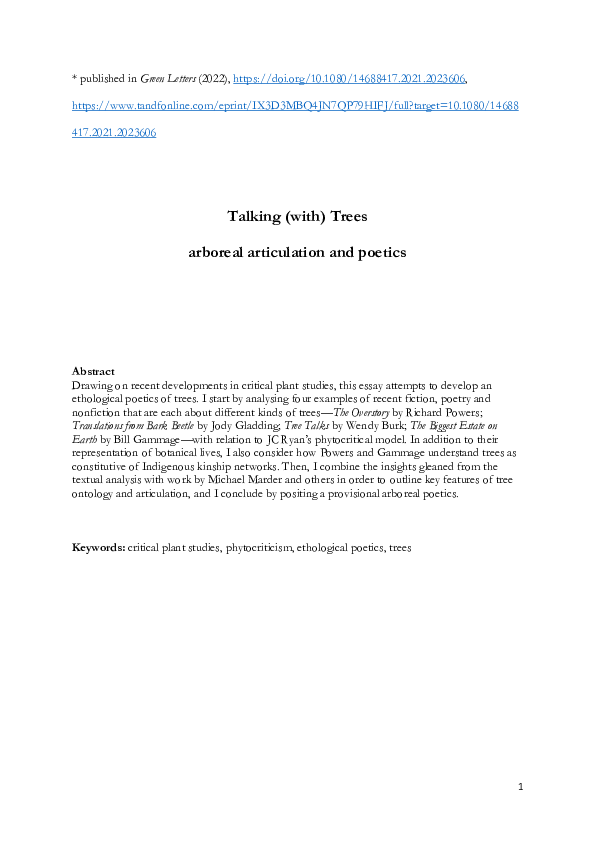 (PDF) Talking (With) Trees: Arboreal Articulation and Poetics
