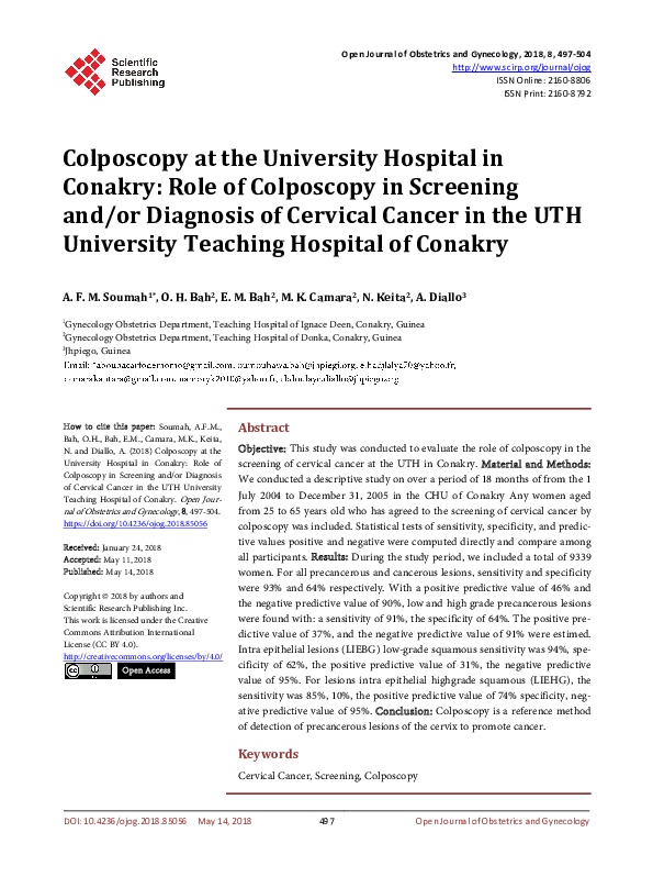 (PDF) Colposcopy at the University Hospital in Conakry: Role of ...