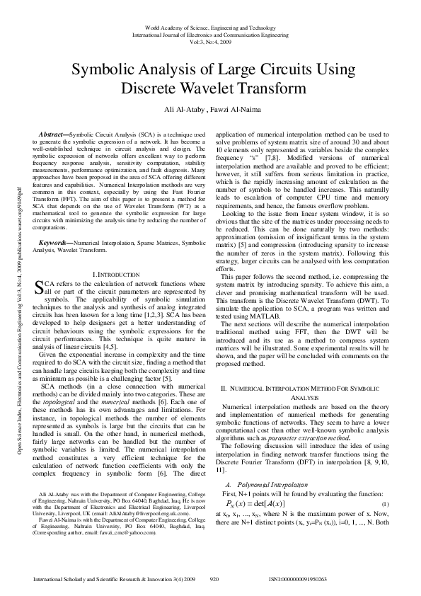 (PDF) Symbolic Analysis of Large Circuits Using Discrete Wavelet Transform