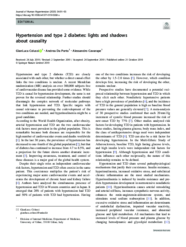 (PDF) Hypertension and type 2 diabetes: lights and shadows about causality