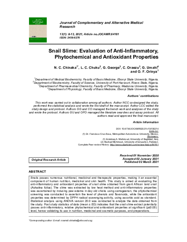 (PDF) Snail Slime Evaluation of AntiInflammatory, Phytochemical and