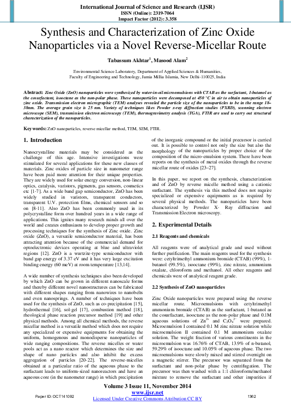(PDF) Synthesis and Characterization of Zinc Oxide Nanoparticles via ...