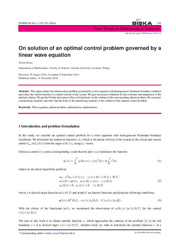 (PDF) On solution of an optimal control problem governed by a linear ...