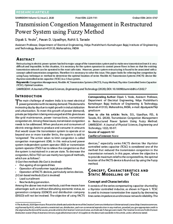 (PDF) Transmission Congestion Management in Restructured Power System ...