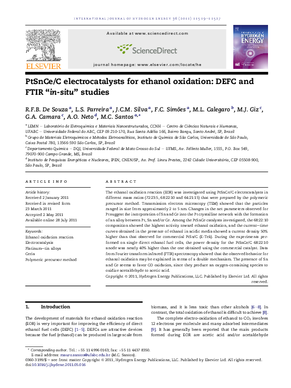 (PDF) PtSnCe/C electrocatalysts for ethanol oxidation: DEFC and FTIR