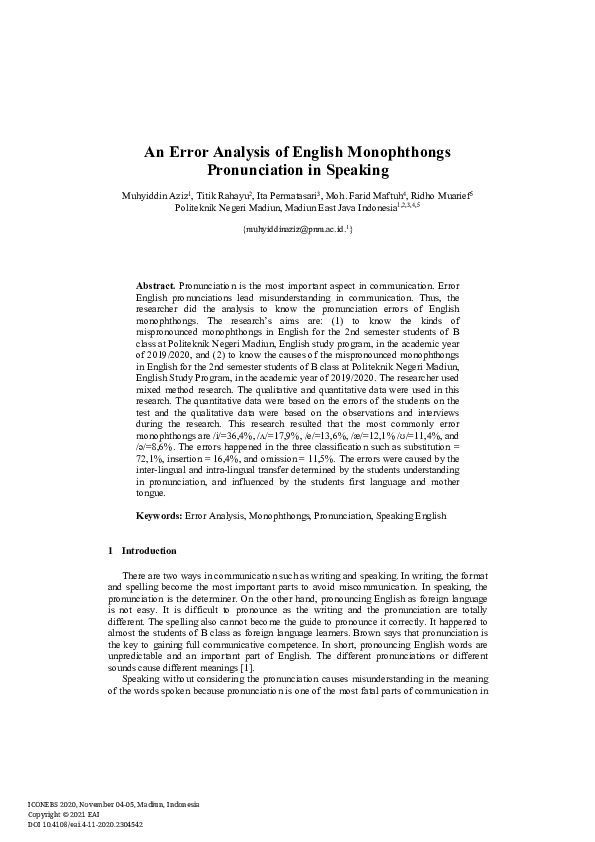 (PDF) An Error Analysis of English Monophthongs Pronunciation in Speaking