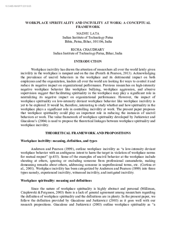 (PDF) Workplace Spirituality and Incivility at Work: A Conceptual Framework