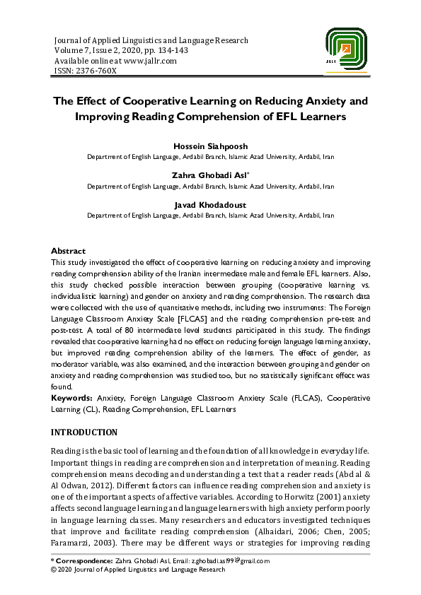 (PDF) The Effect of Cooperative Learning on Reducing Anxiety and ...