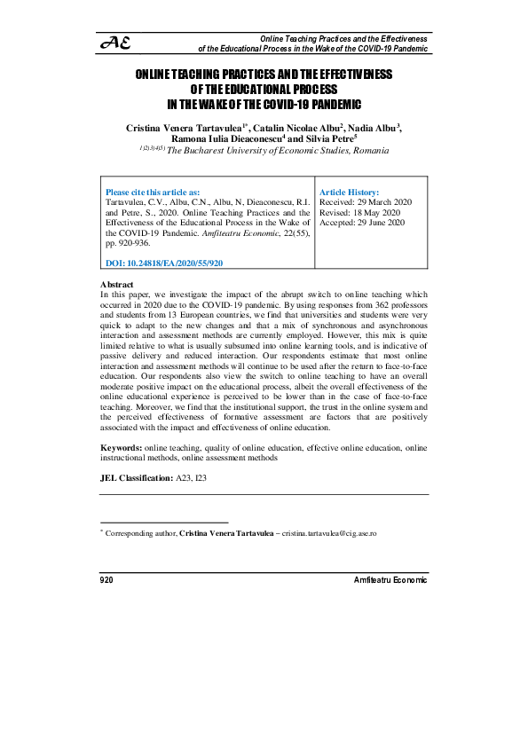 (PDF) Online Teaching Practices and the Effectiveness of the ...