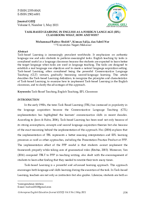 (PDF) Task-Based Learning in English as a Foreign Language (Efl ...