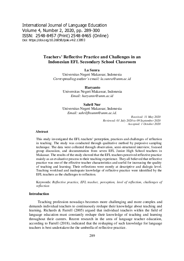 (PDF) Teachers’ Reflective Practice and Challenges in an Indonesian EFL ...