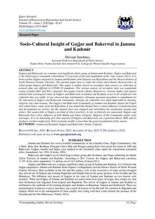 (PDF) Socio-Cultural Insight of Gujjar and Bakerwal in Jammu and Kashmir