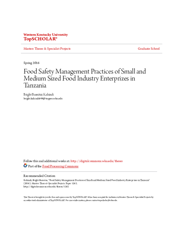 (PDF) Food Safety Management Practices of Small and Medium Sized Food ...