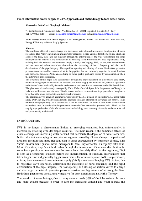 (PDF) From intermittent water supply to 24 / 7 . Approach and ...