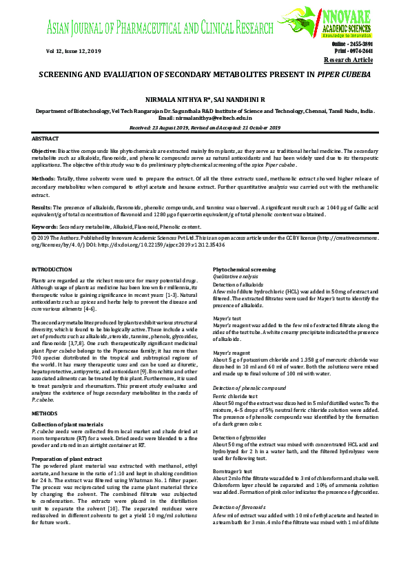 (PDF) Screening and Evaluation of Secondary Metabolites Present in ...