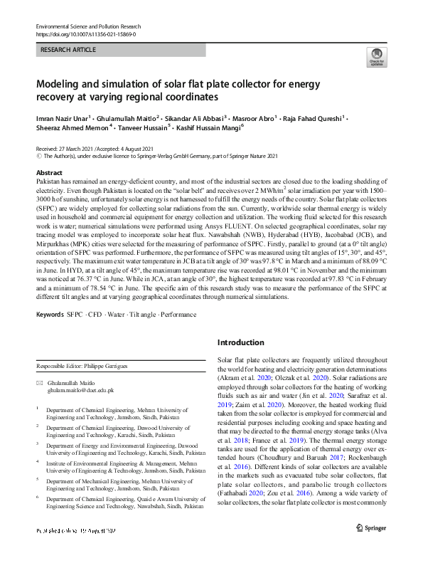 (PDF) Modeling and simulation of solar flat plate collector for energy ...