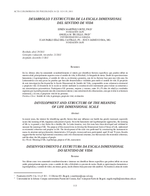 (PDF) Development and structure of the meaning of life dimensional scale